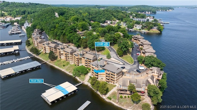 drone / aerial view featuring a water view