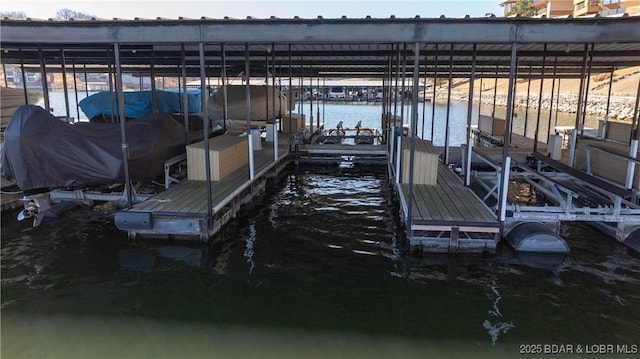 view of dock featuring a water view and boat lift