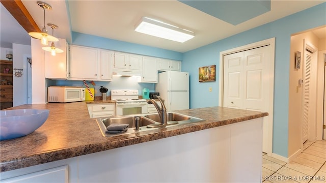 kitchen with white cabinetry, a sink, white appliances, a peninsula, and under cabinet range hood