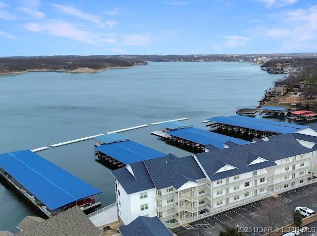 bird's eye view with a water view