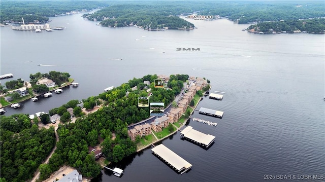 drone / aerial view with a water view