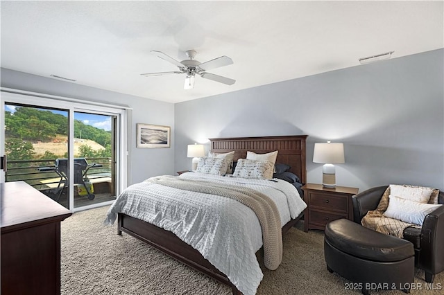 bedroom featuring a ceiling fan, carpet, access to outside, and visible vents