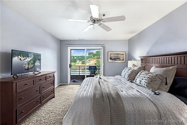 bedroom with light carpet, access to outside, baseboards, and ceiling fan