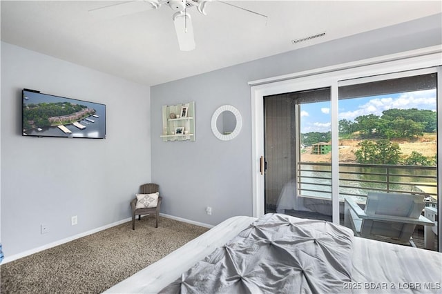 carpeted bedroom with baseboards, a ceiling fan, visible vents, and access to exterior