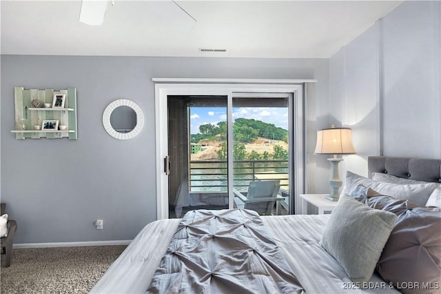 bedroom with access to outside, baseboards, visible vents, and carpet