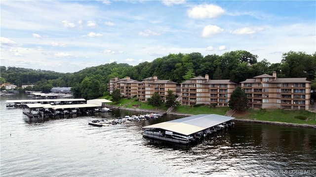 aerial view featuring a water view