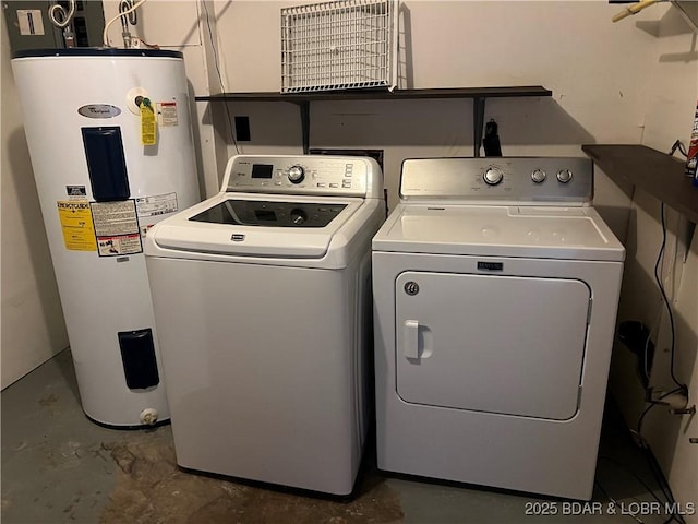 laundry room with laundry area, separate washer and dryer, and electric water heater