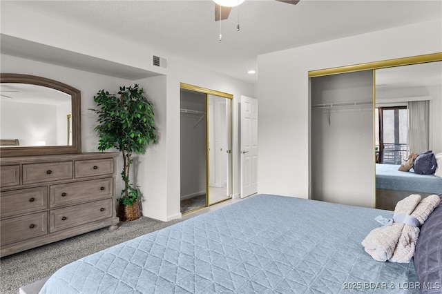 611 Lazy Days Rd Unit V-7, Osage Beach, MO 65065 - bedroom featuring a ceiling fan, two closets, carpet flooring, visible vents, and recessed lighting
