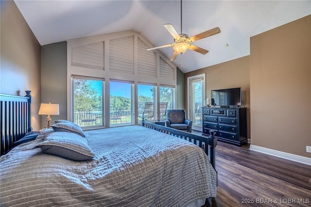 bedroom featuring a ceiling fan, baseboards, high vaulted ceiling, and wood finished floors