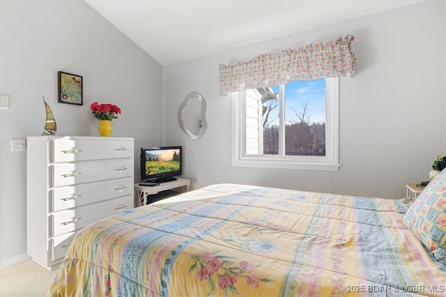 bedroom featuring carpet and vaulted ceiling