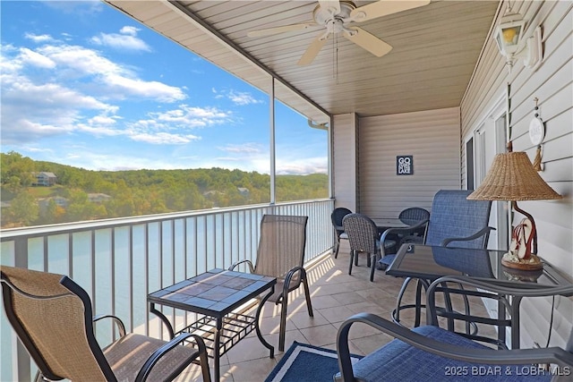 balcony featuring ceiling fan and a water view