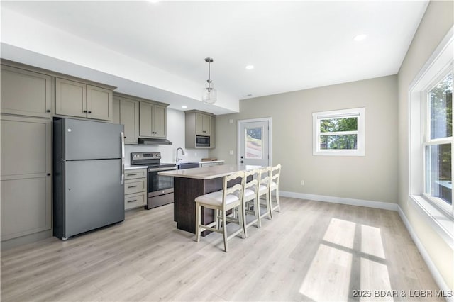 kitchen with gray cabinetry, a sink, a kitchen breakfast bar, appliances with stainless steel finishes, and a center island with sink