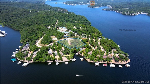 birds eye view of property featuring a water view and a wooded view