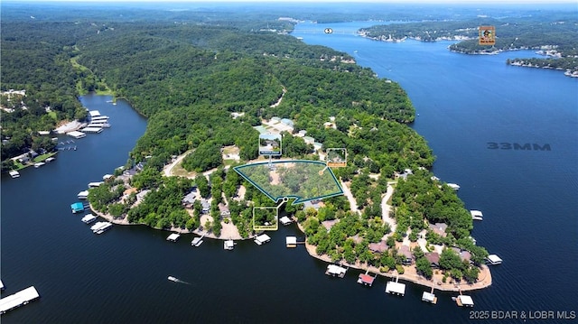 aerial view featuring a water view and a forest view