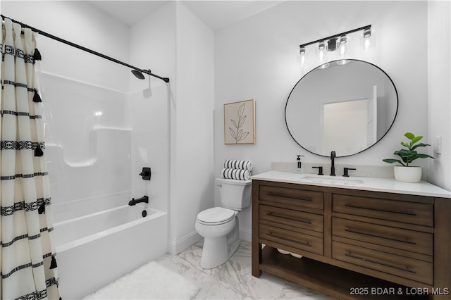 bathroom with vanity, baseboards, shower / bath combination with curtain, toilet, and marble finish floor