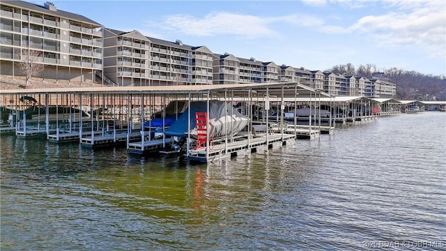 view of dock featuring a water view and boat lift