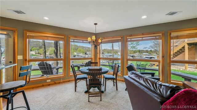 dining area featuring carpet, visible vents, and recessed lighting