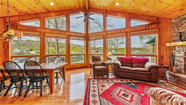 16959 Gentle Slopes Dr, Gravois Mills, MO 65037 - living area featuring wood ceiling, light wood-type flooring, wood walls, a ceiling fan, and recessed lighting