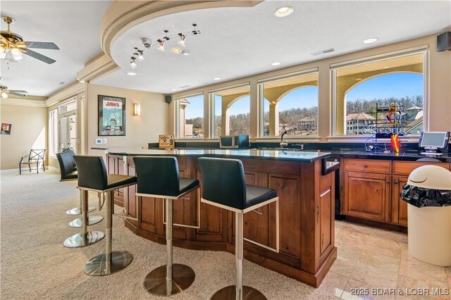 260 Greystone Ln, Villages, MO 65079 - bar with recessed lighting, visible vents, light carpet, ceiling fan, and baseboards