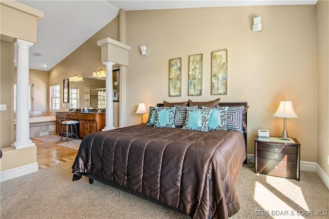 260 Greystone Ln, Villages, MO 65079 - bedroom with carpet floors, lofted ceiling, decorative columns, and baseboards