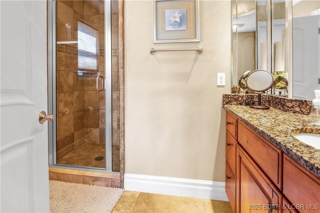 260 Greystone Ln, Villages, MO 65079 - full bath featuring double vanity, a shower stall, baseboards, and tile patterned floors