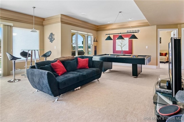 260 Greystone Ln, Villages, MO 65079 - rec room featuring carpet floors, pool table, visible vents, and baseboards