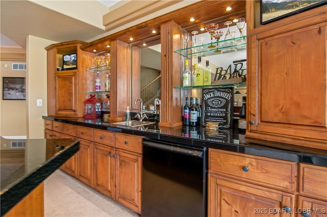 260 Greystone Ln, Villages, MO 65079 - bar with light carpet, a sink, visible vents, dishwasher, and indoor wet bar