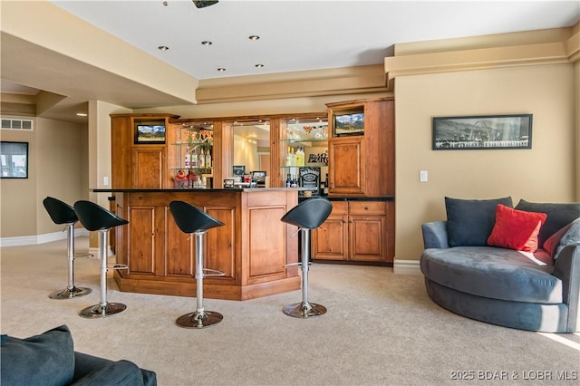 260 Greystone Ln, Villages, MO 65079 - bar with baseboards, visible vents, bar area, and light colored carpet