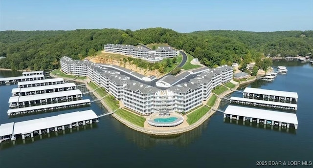 aerial view with a water view and a view of trees