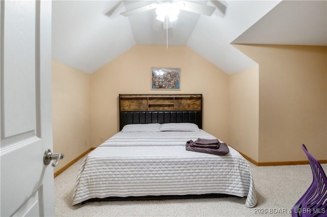 bedroom featuring carpet, ceiling fan, lofted ceiling, and baseboards