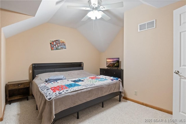 bedroom with lofted ceiling, a ceiling fan, visible vents, baseboards, and carpet