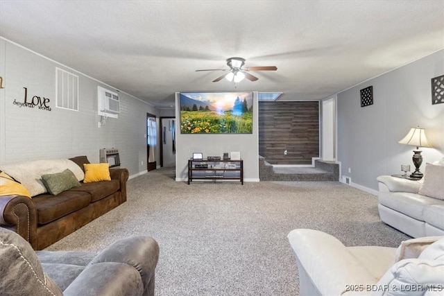 carpeted living room featuring baseboards, a wall mounted air conditioner, visible vents, and a ceiling fan