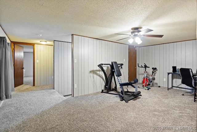 exercise area featuring carpet, a ceiling fan, and a textured ceiling