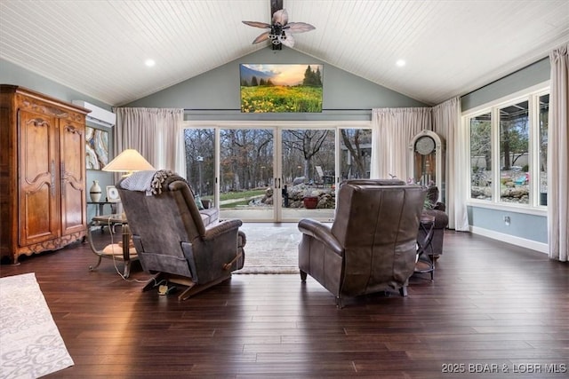 living area with vaulted ceiling, ceiling fan, dark wood finished floors, and recessed lighting