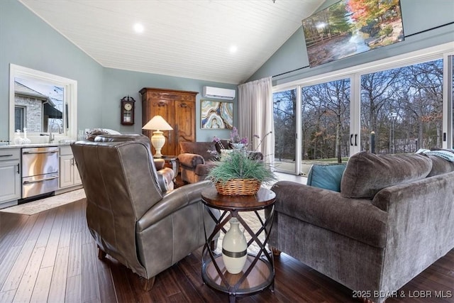 living area with vaulted ceiling, dark wood-type flooring, and a wall unit AC