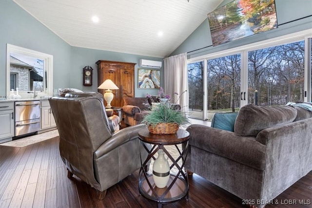 living area with recessed lighting, a wall mounted air conditioner, vaulted ceiling, and dark wood-style floors
