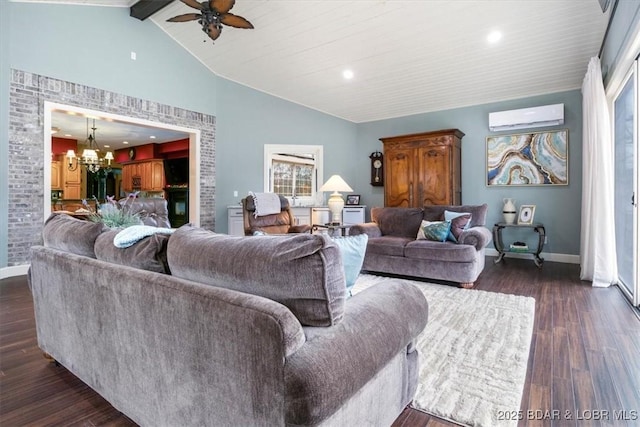 living area with high vaulted ceiling, dark wood-type flooring, a wall mounted air conditioner, and baseboards