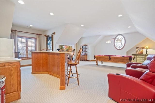 interior space featuring recessed lighting, light carpet, vaulted ceiling, billiards, and baseboards