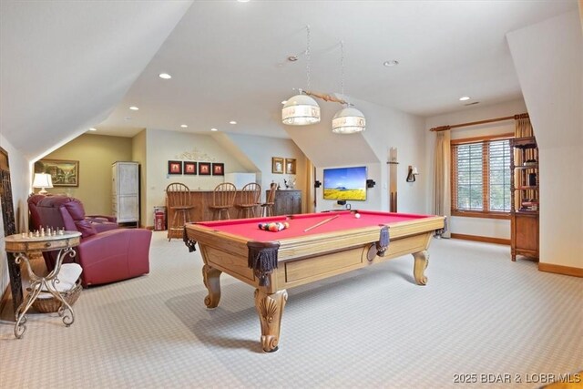 rec room with lofted ceiling, baseboards, carpet flooring, and recessed lighting