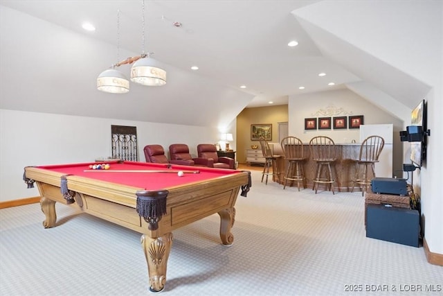 rec room with carpet floors, baseboards, a dry bar, billiards, and lofted ceiling
