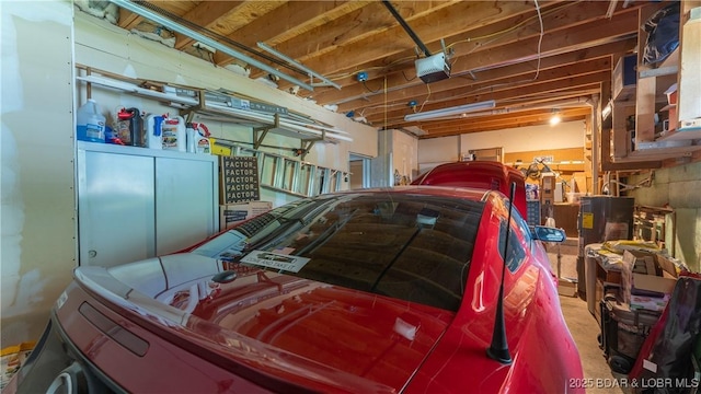 garage featuring a garage door opener and water heater