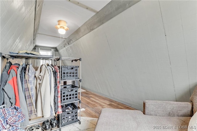 walk in closet featuring vaulted ceiling and wood finished floors