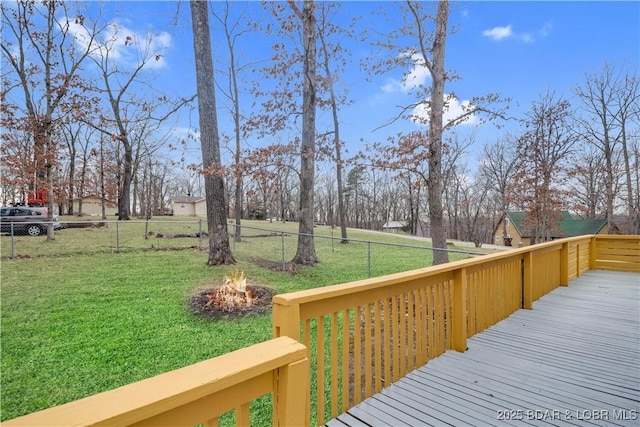 wooden deck with a fenced backyard, a lawn, and a fire pit