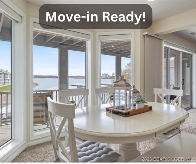 488 Regatta Bay Dr Unit 2C, Lake Ozark, MO 65049 - dining space featuring light colored carpet and a water view