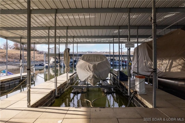 dock area featuring boat lift and a water view