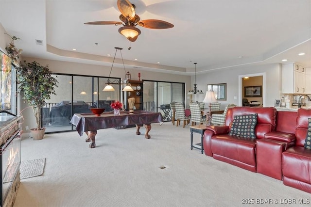 playroom featuring recessed lighting, a raised ceiling, visible vents, carpet flooring, and billiards