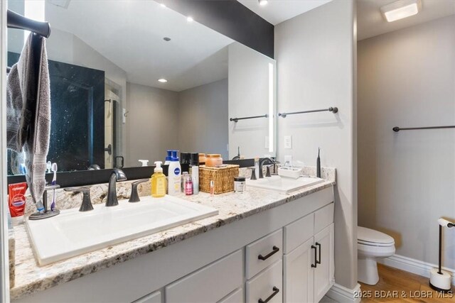 bathroom featuring double vanity, a sink, toilet, and wood finished floors