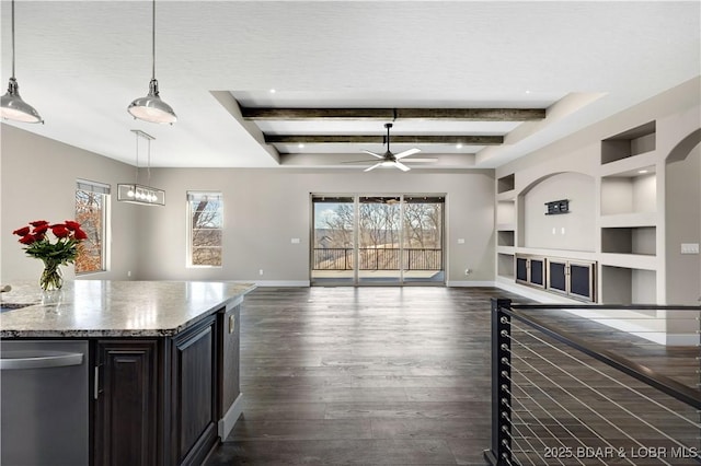 kitchen with dark wood-style floors, built in shelves, dishwasher, and baseboards