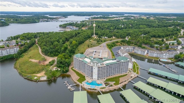 aerial view featuring a water view