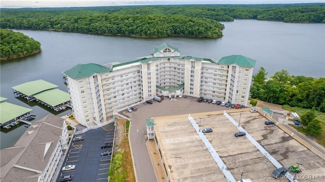 drone / aerial view featuring a water view